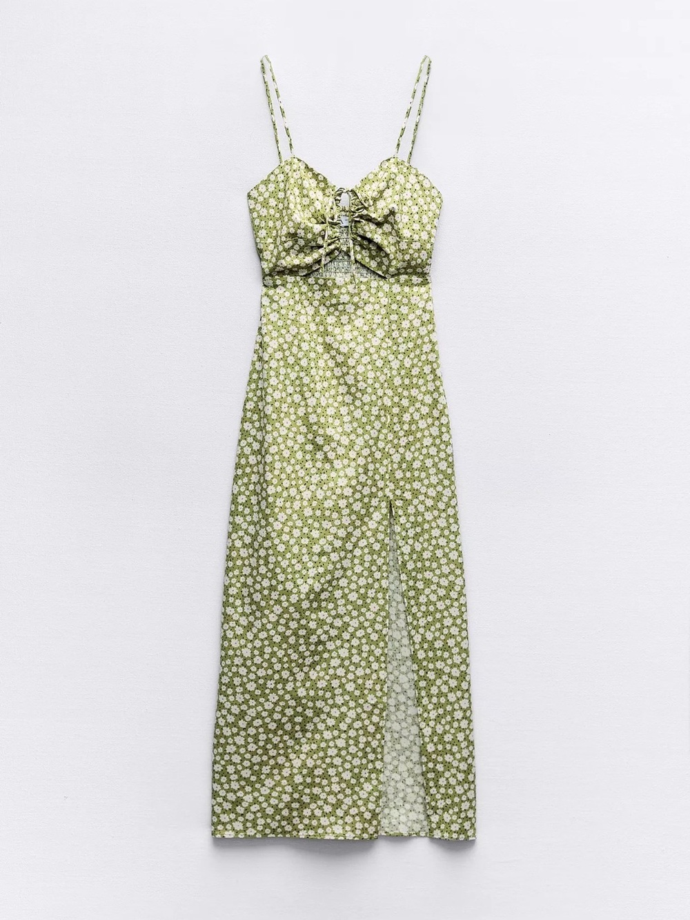 Zara Linen Blend Green Floral Print Midi Dress